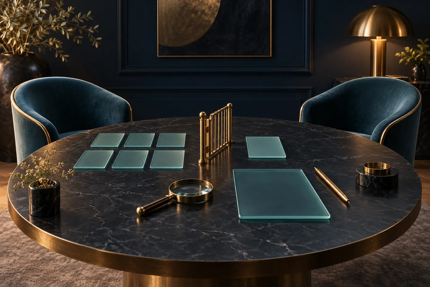 Two chairs face a glass document on a table beside a brass pencil, magnifier and small gate.