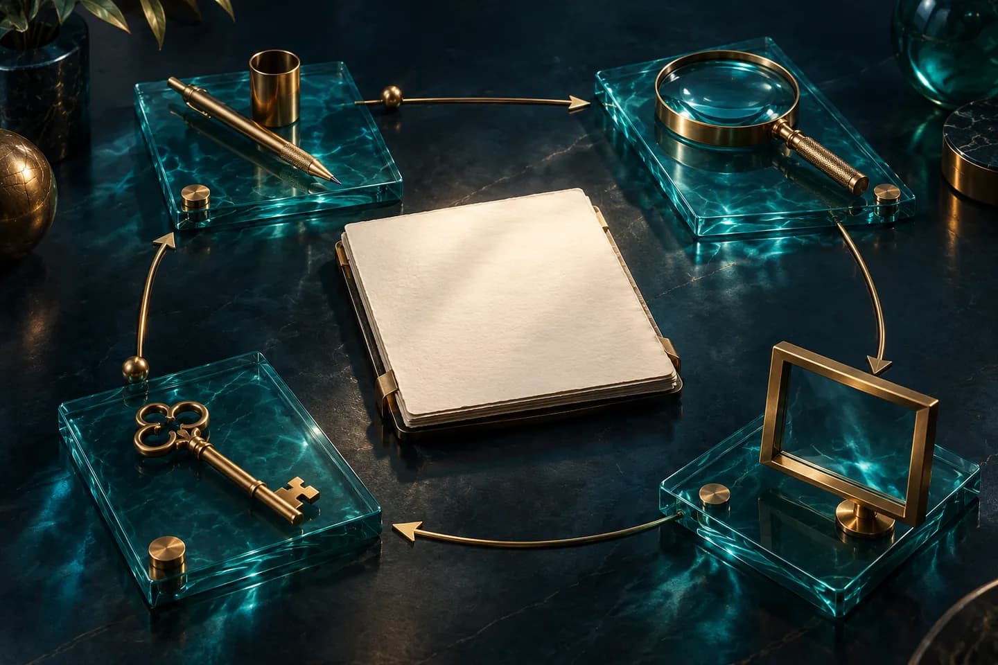 A blank manuscript is surrounded by four teal glass platforms holding a brass pencil, magnifier, key and frame, linked by arrows.