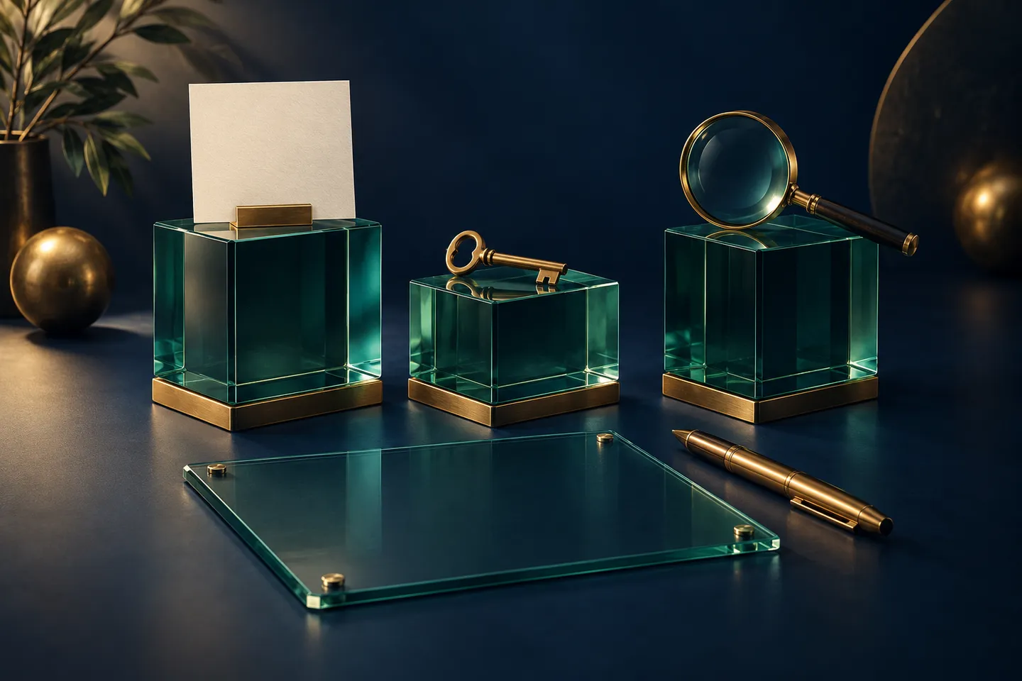 Three glass plinths hold a blank card, brass key and magnifying glass beside a glass report sheet.