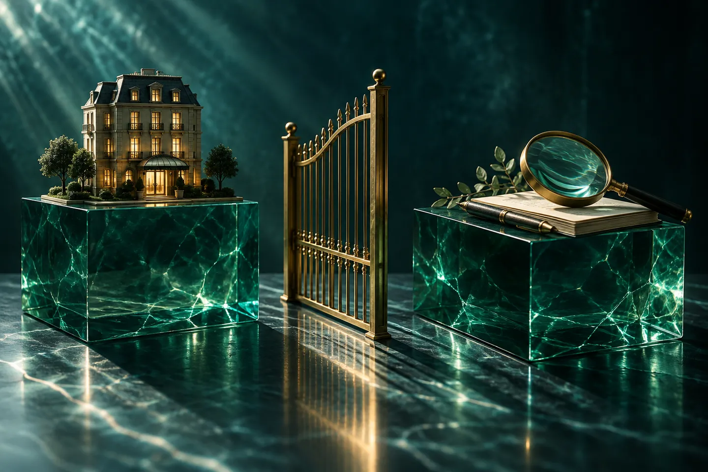 A hotel model and a manuscript occupy separate plinths divided by a brass gate.