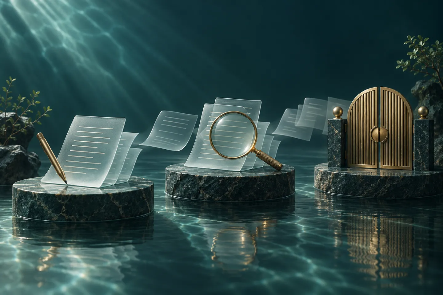 Glass manuscript pages cross stone platforms beside a pencil, a magnifying lens, and a closed brass gate.