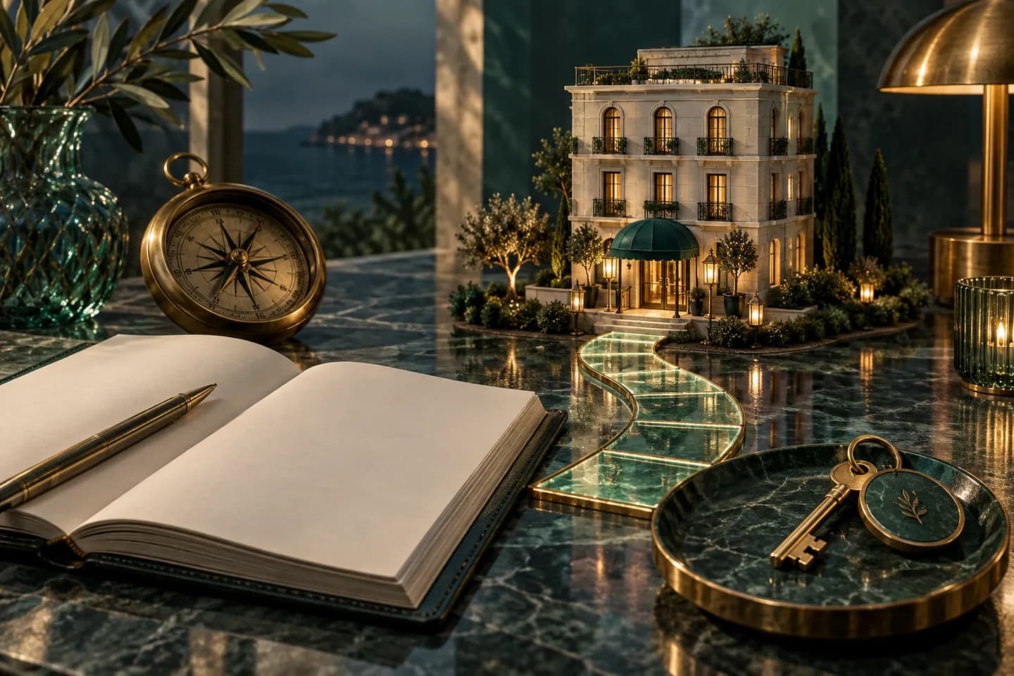 A miniature hotel stands beside a compass, open notebook, and a glass path to a key.