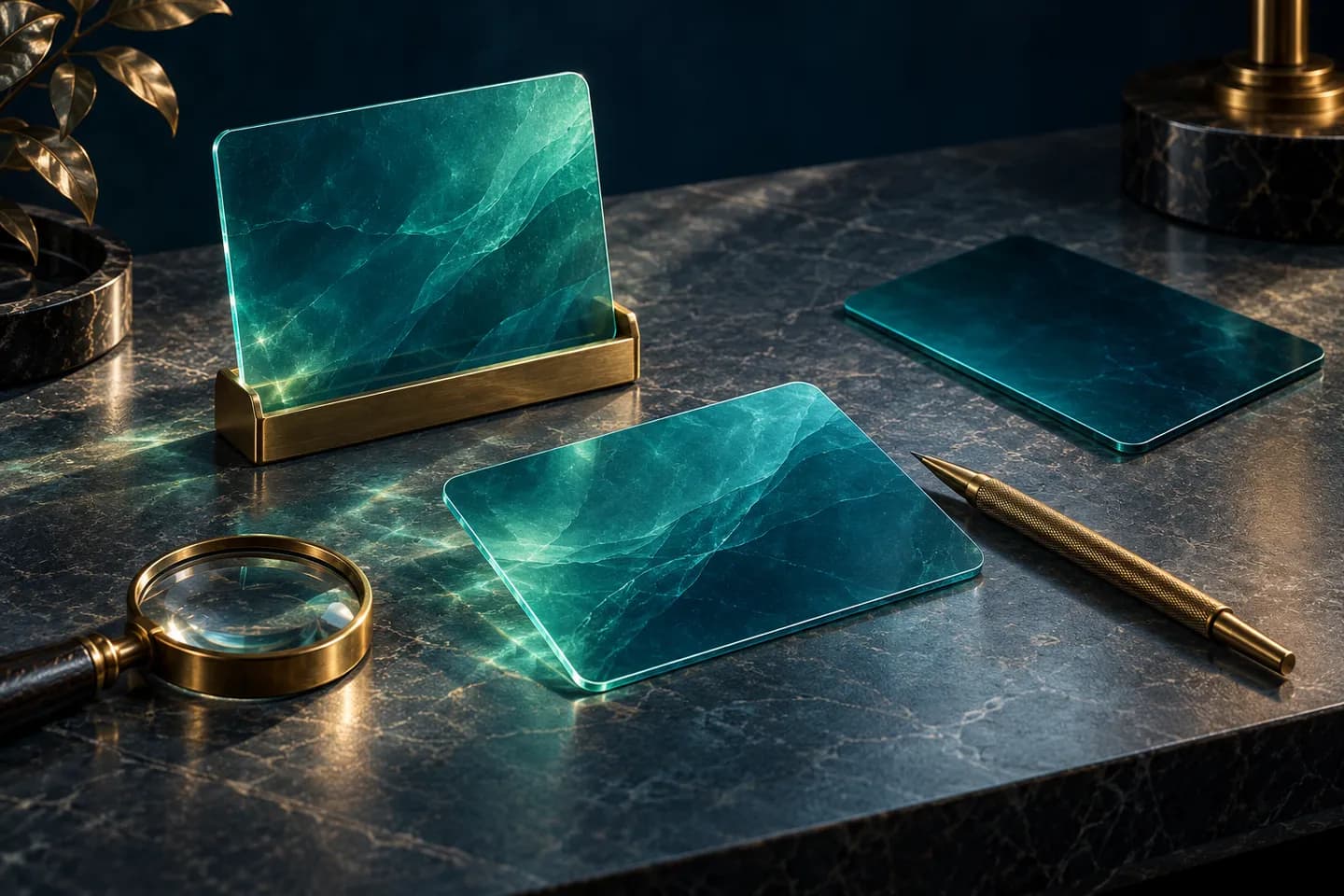 Three teal glass cards sit on a stone desk beside a brass pencil and magnifying glass; one card stands in a brass holder.
