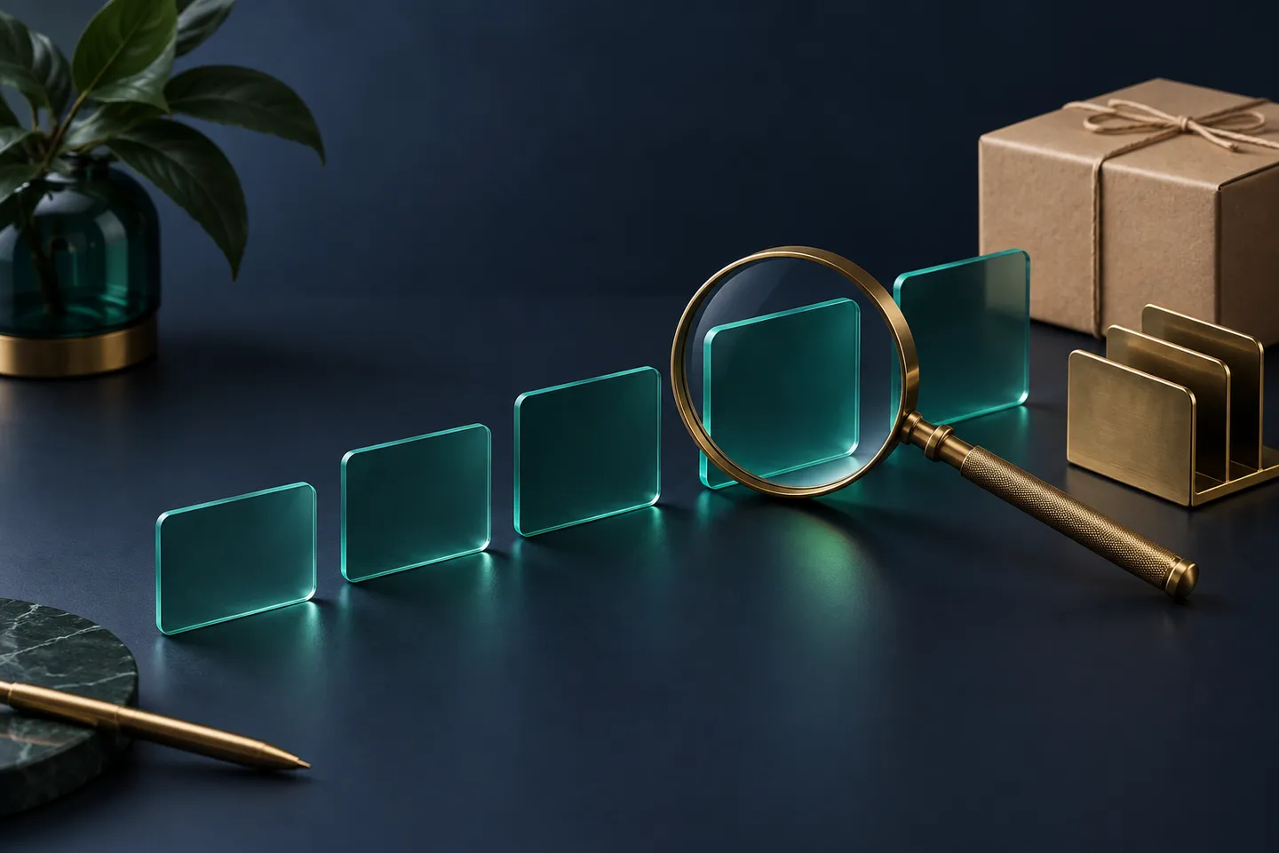 Five teal glass cards stand in a stepped sequence beside a parcel and brass magnifying glass.