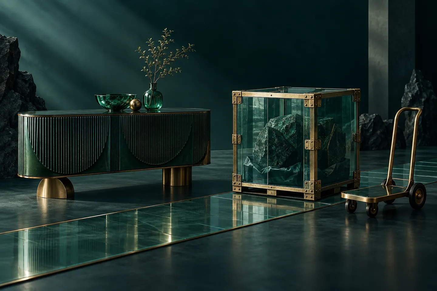 A sideboard stands beside a glass shipping crate and a brass hand trolley on a glass path.