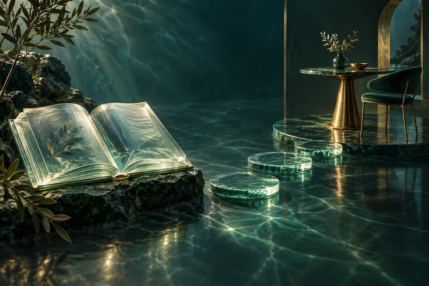 An open glass book leads across three glass stepping stones to a dining table and chair.
