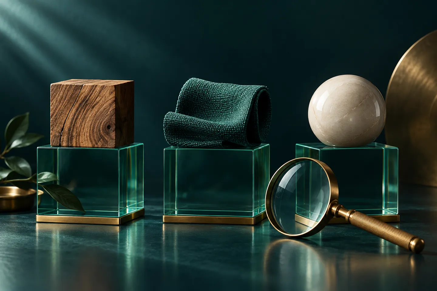 Wood, folded fabric, and a smooth sphere sit on glass plinths beside a brass magnifying lens.