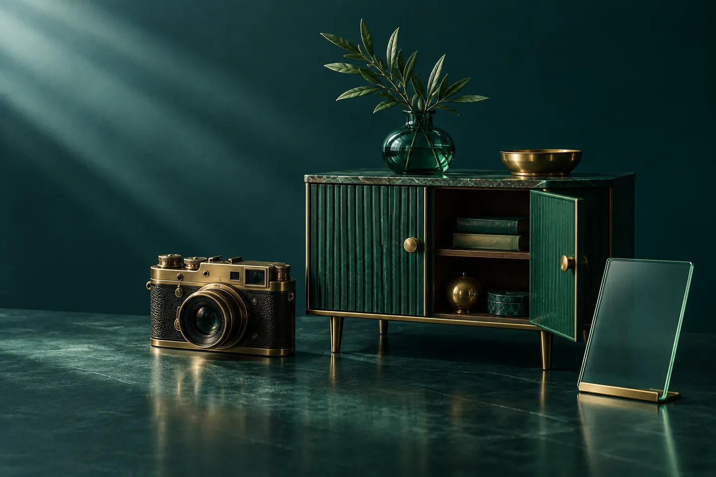 A sideboard with an open door stands beside a brass camera and a blank glass card.