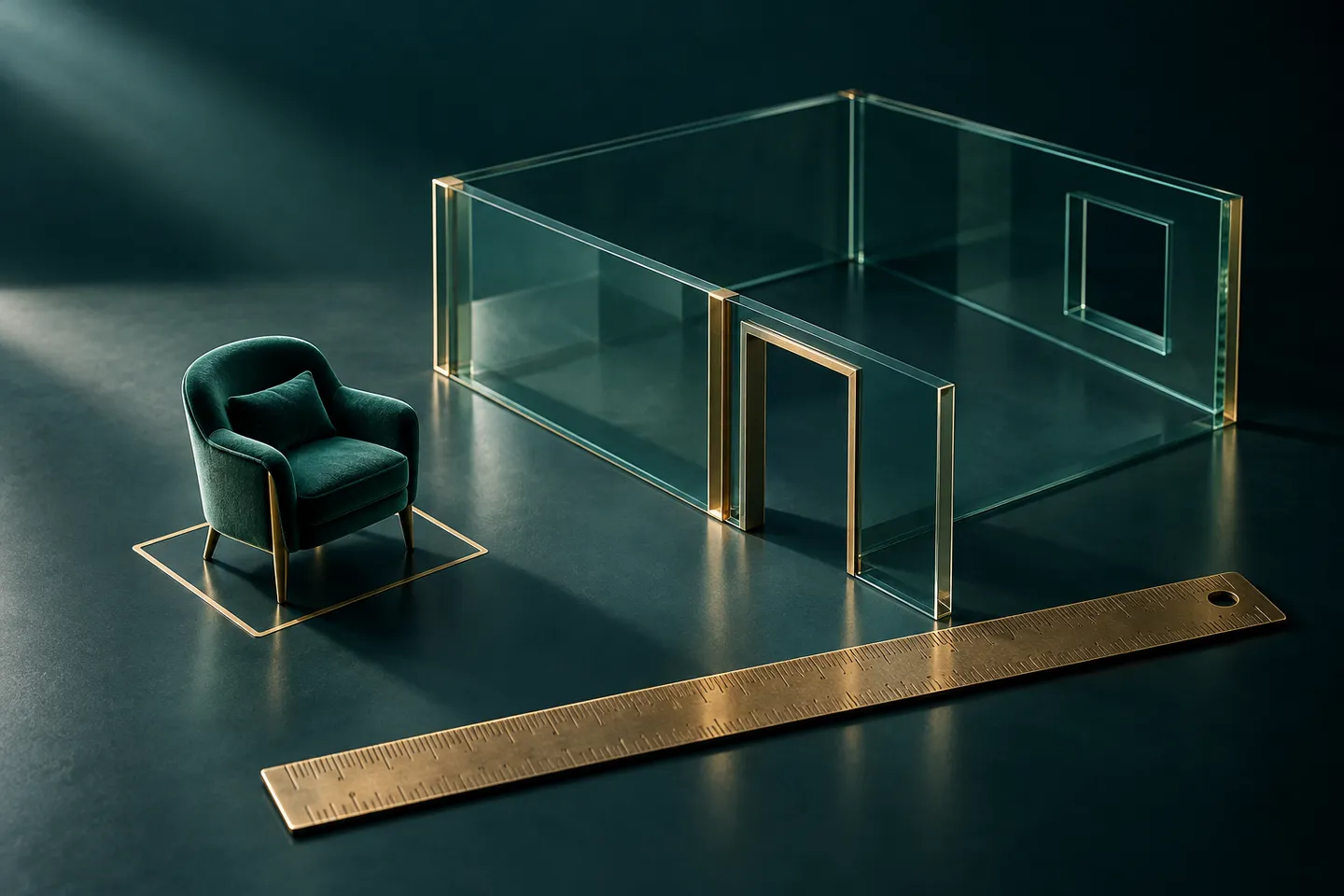 A miniature armchair stands beside a glass room outline, a brass doorway, and a measuring rule.