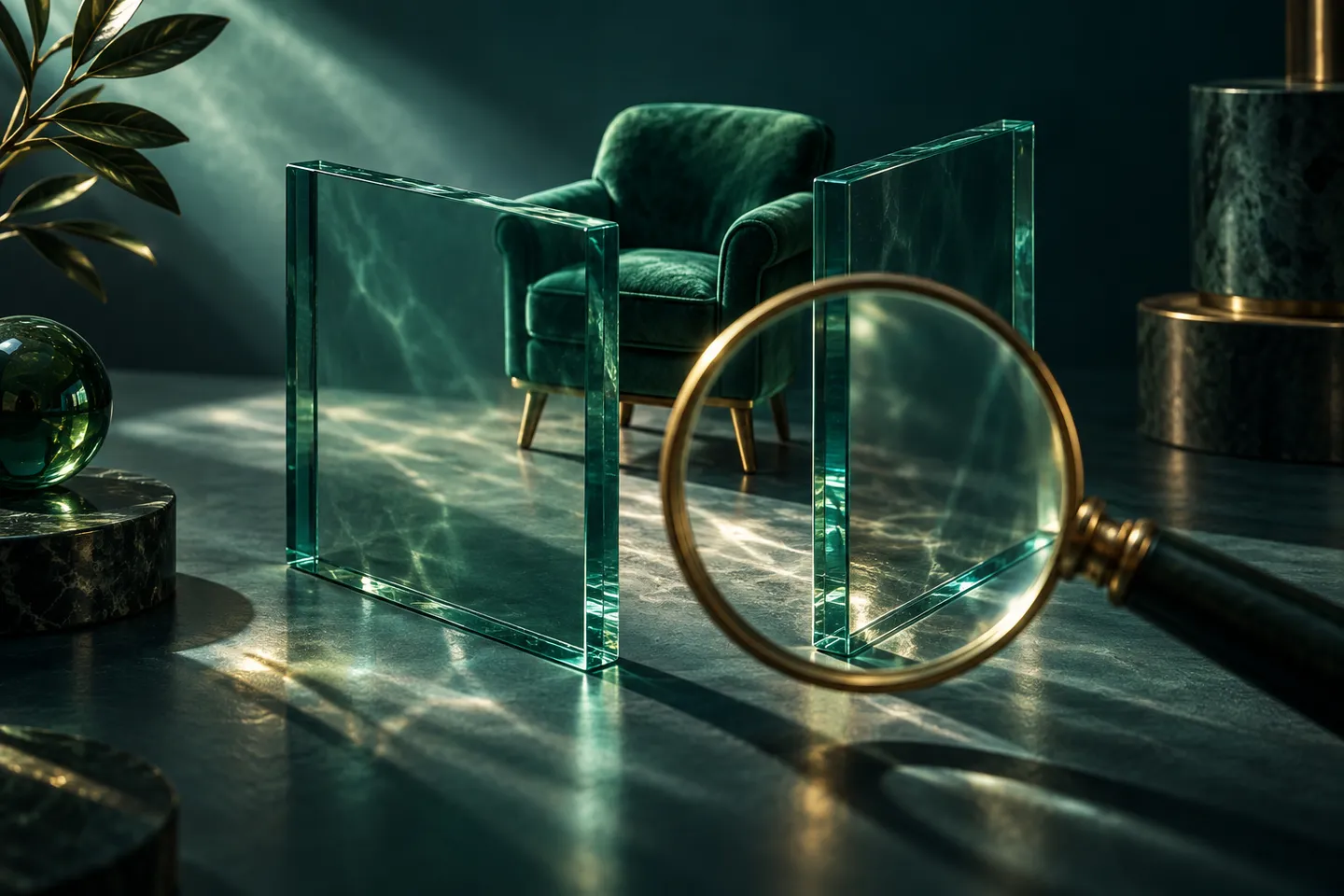 A magnifying glass examines the gap between glass panels in front of an armchair.