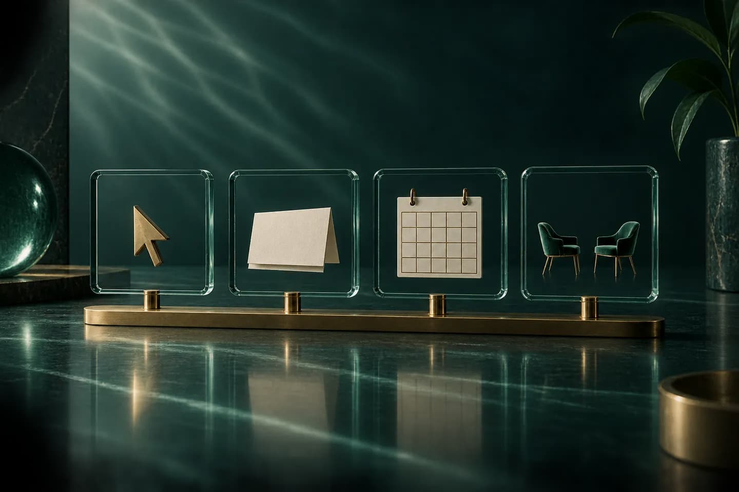 Separate glass frames hold a pointer, message card, calendar, and meeting chairs.