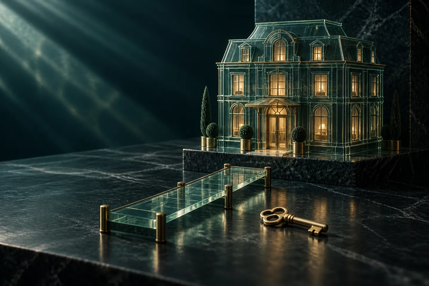 A glass hotel model faces a short glass walkway, with a brass key resting alongside it.