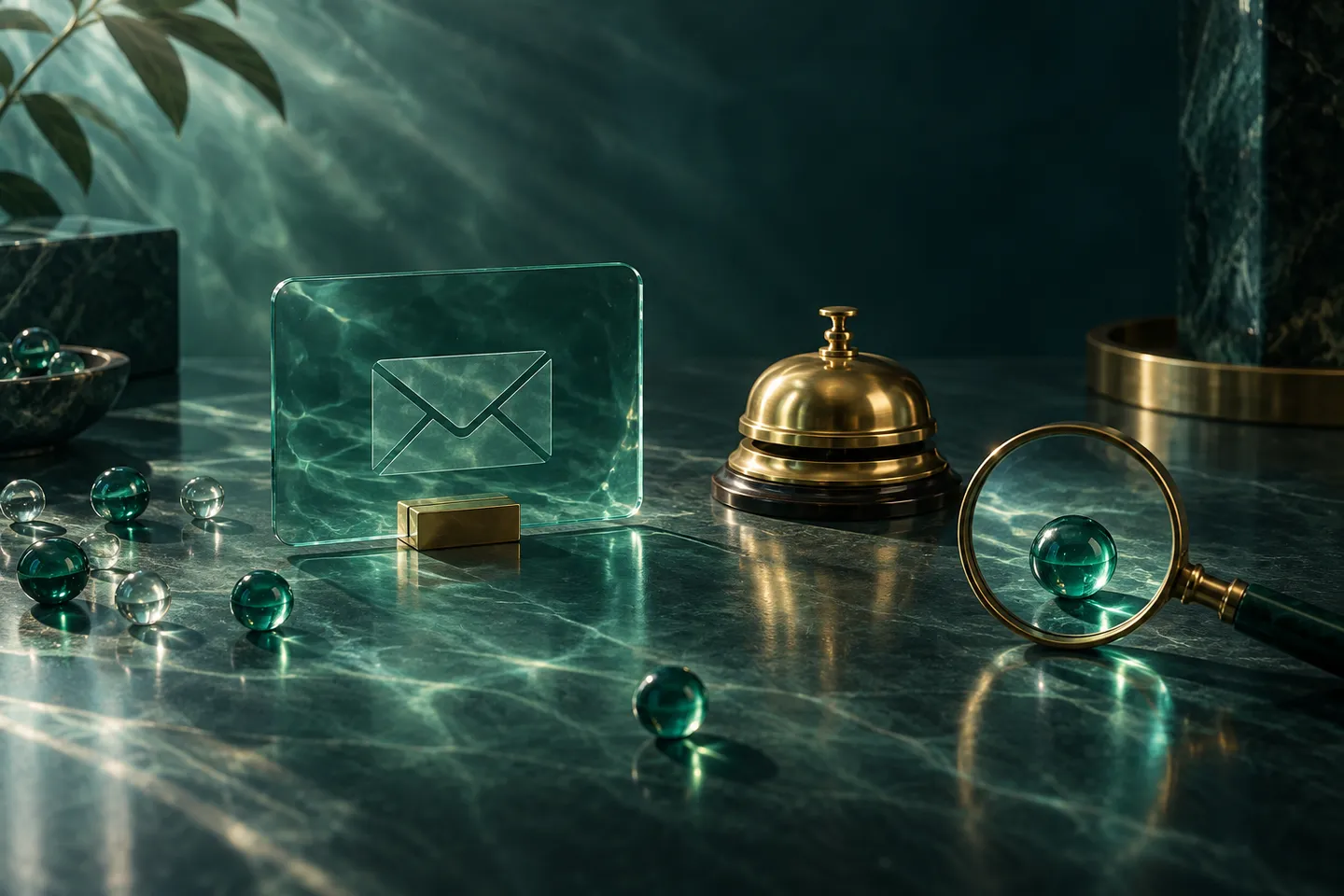 A glass message card and reception bell sit beside a lens examining one glass bead.