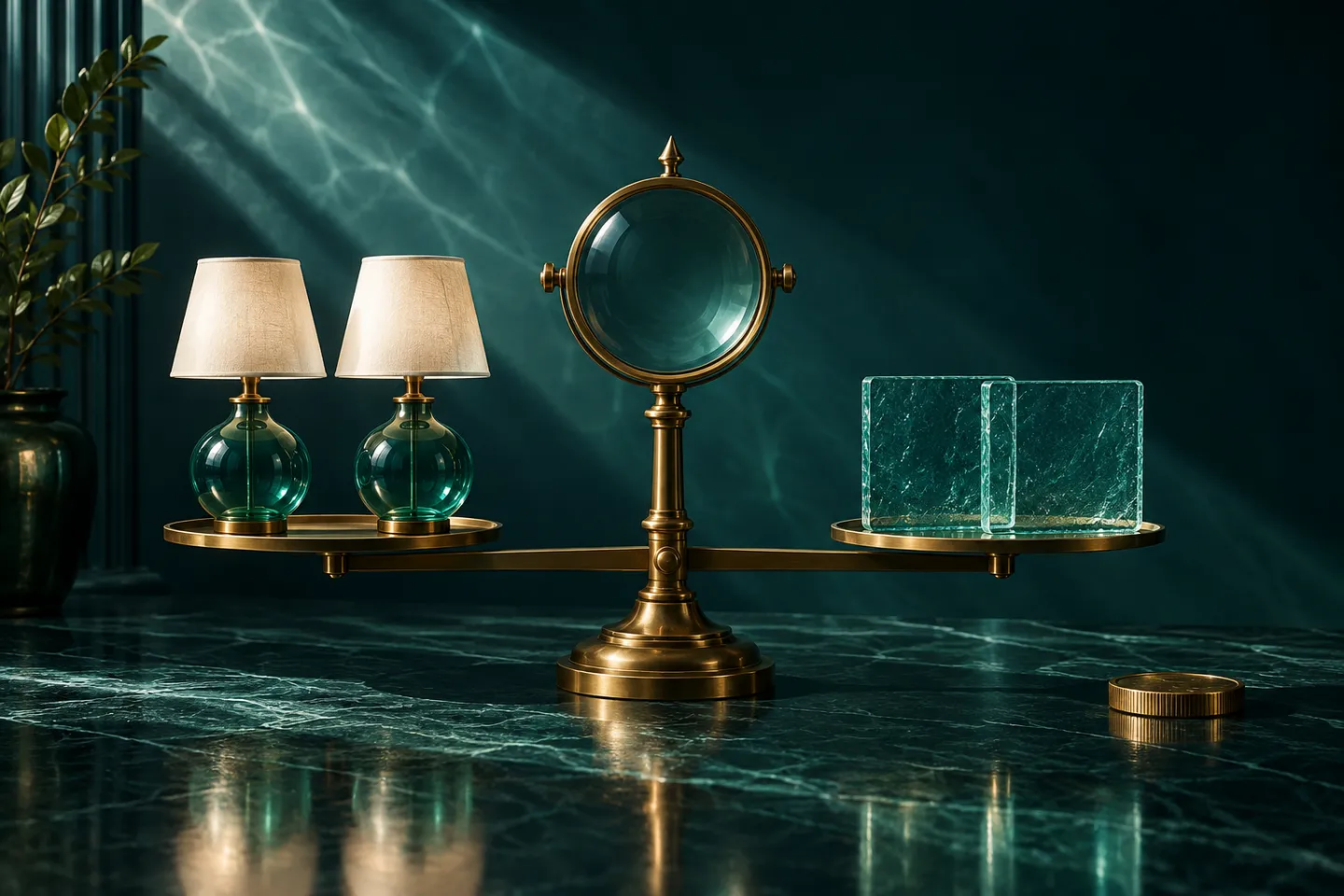 Two lamps and two glass record tiles balanced on a brass scale, with separate brass discs.