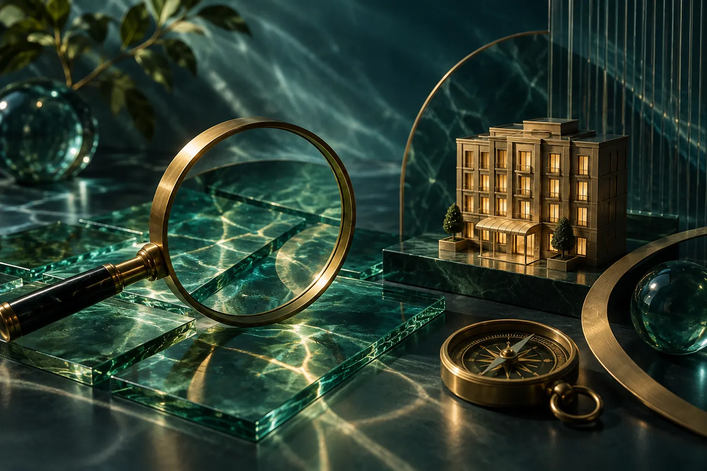 A magnifying lens examines glass tiles beside a miniature hotel and a compass.