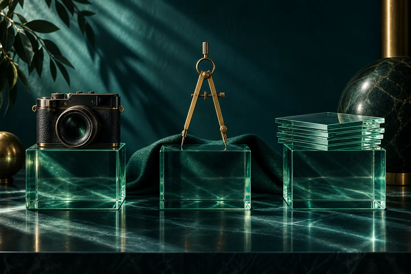 A camera, drawing compass, and glass sheets on three equal plinths beside a fabric swatch.