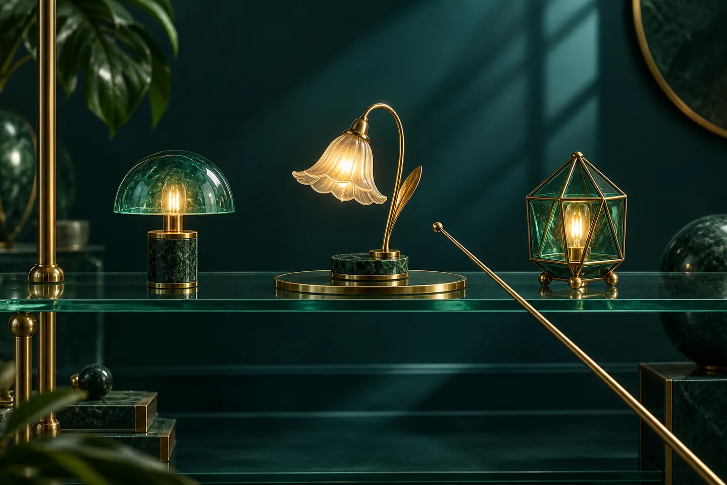 Three miniature lamps stand on a glass shelf beside a brass pointer.