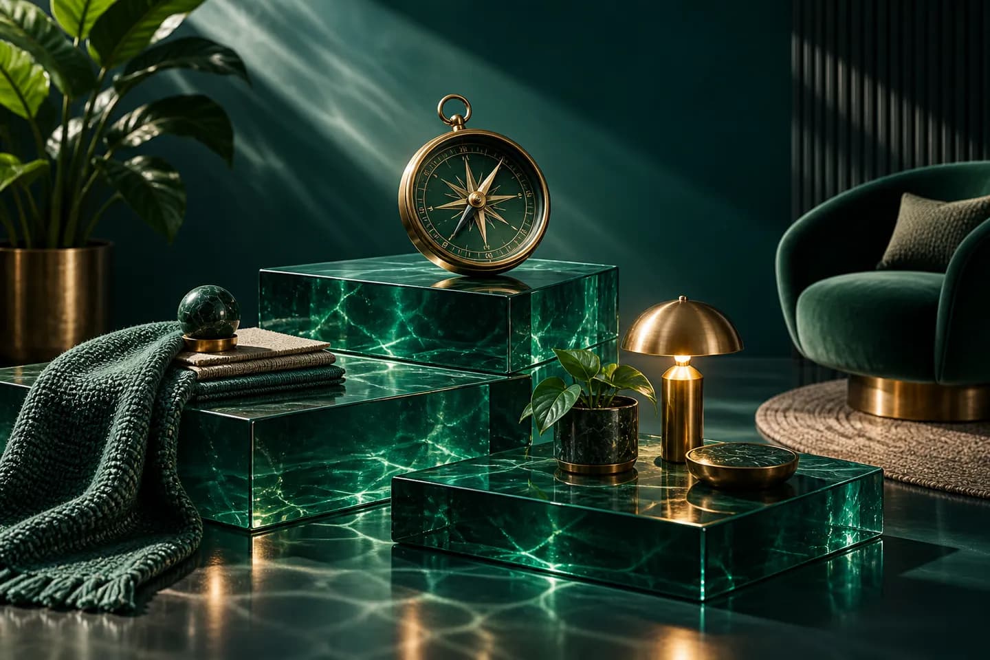 A brass compass, lamp, and folded textiles arranged on stepped emerald glass platforms.