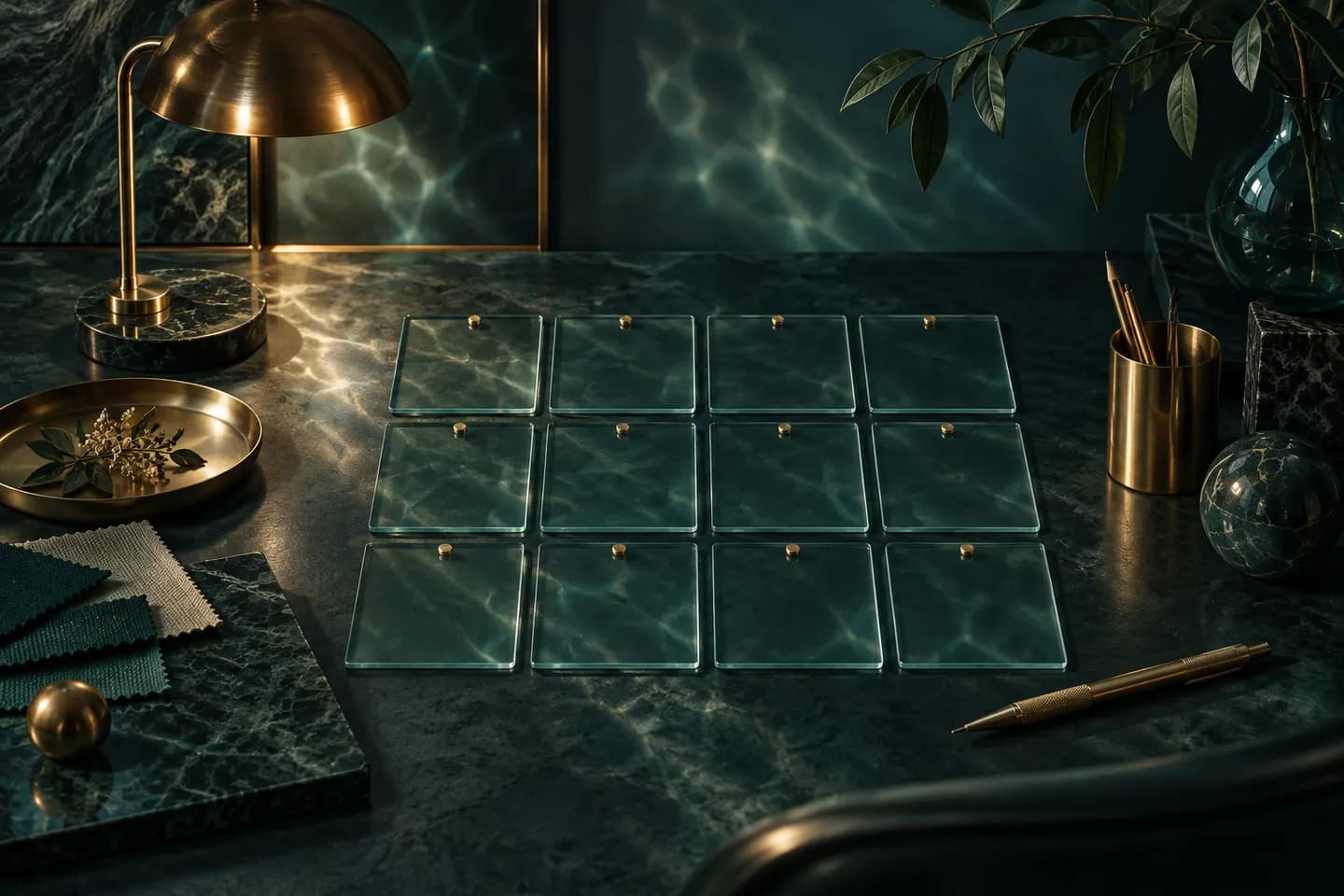 Twelve blank glass calendar tiles beside a lamp, fabric swatches, and a brass pencil.