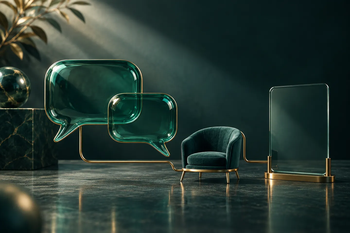 Glass speech bubbles connect a miniature chair with a blank product card through a brass line.