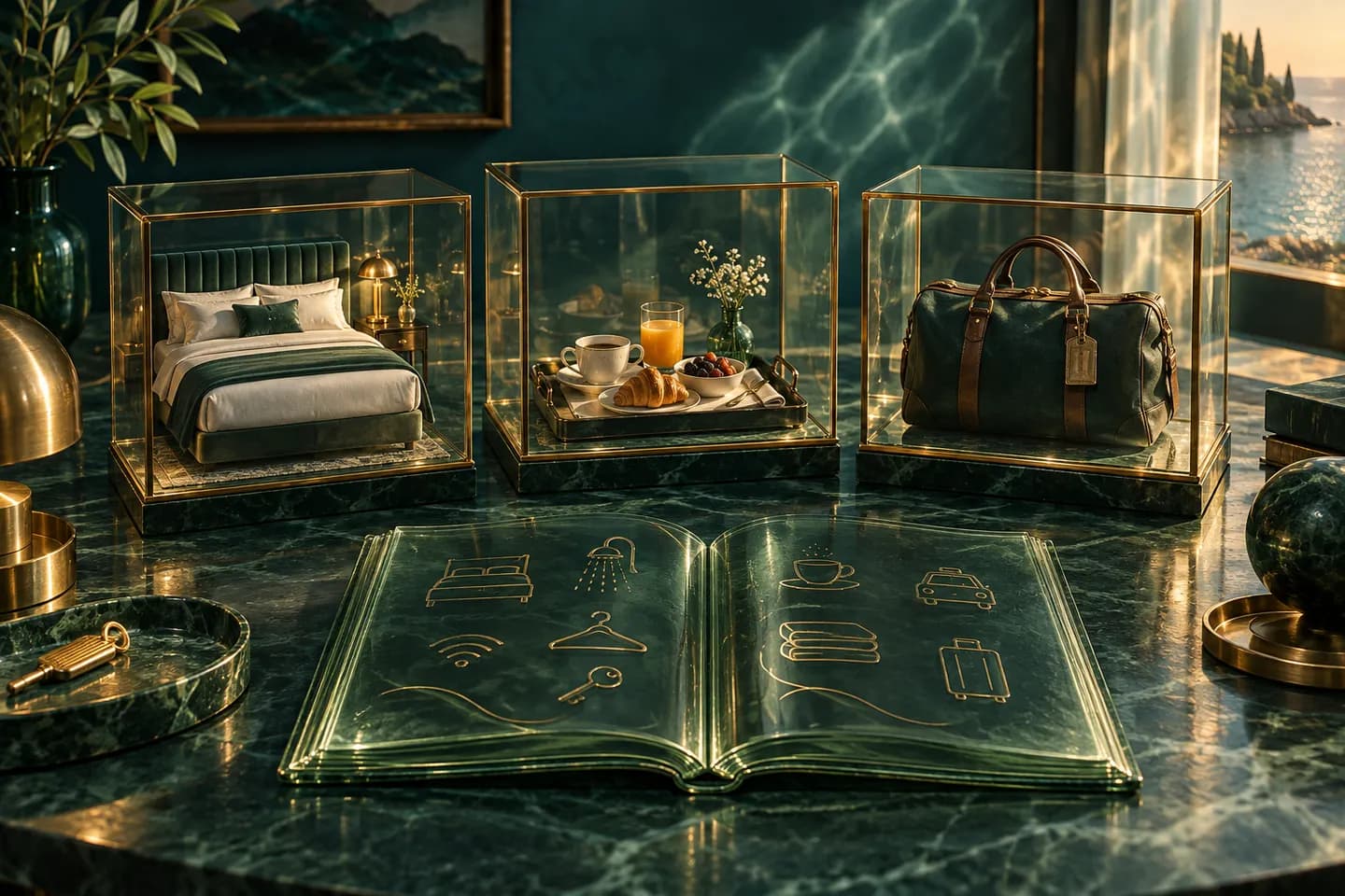 Glass display frames contain a hotel bed, breakfast tray, and travel bag beside an open book.