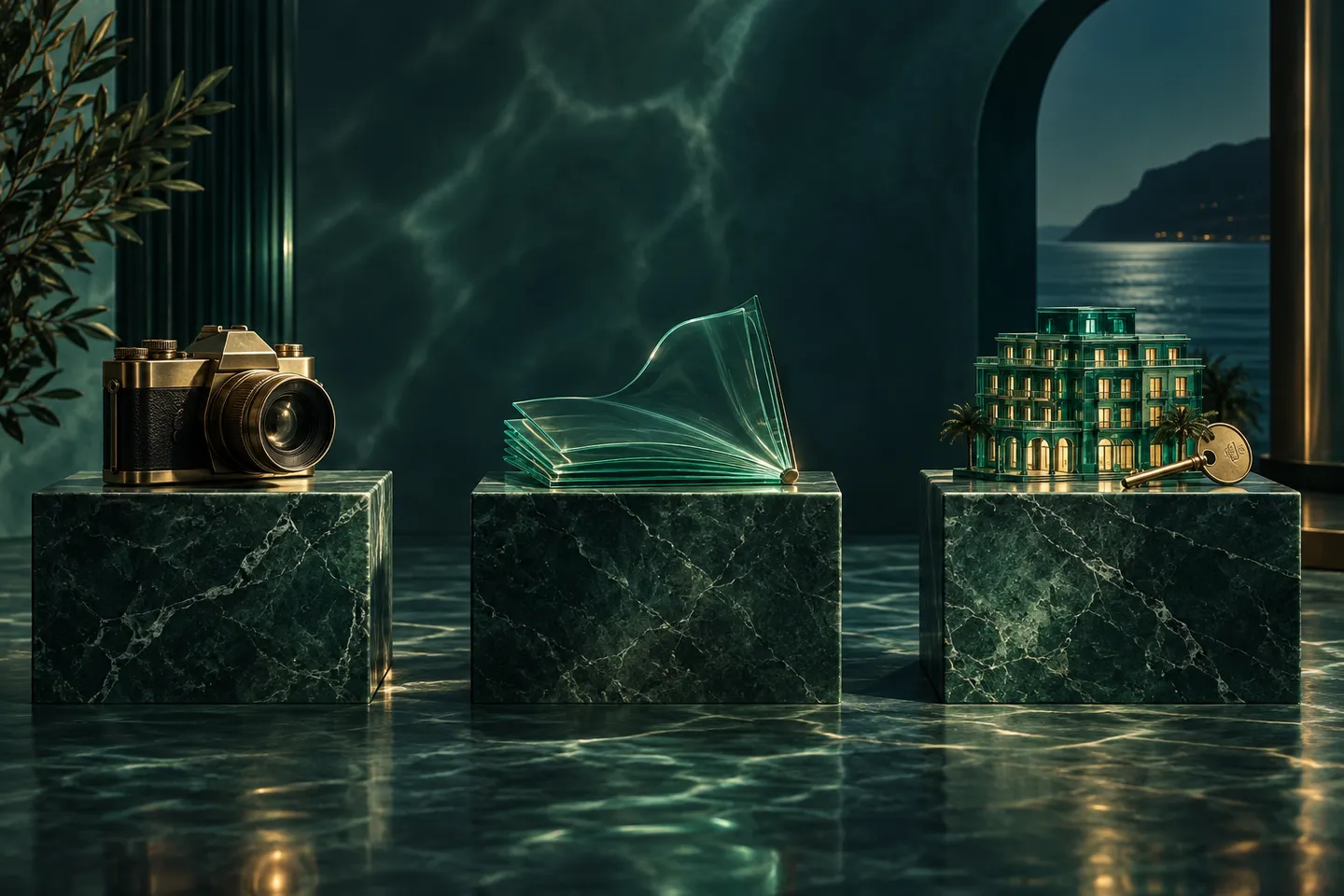 A camera, glass manuscript, and miniature hotel with a key stand on three equal plinths.