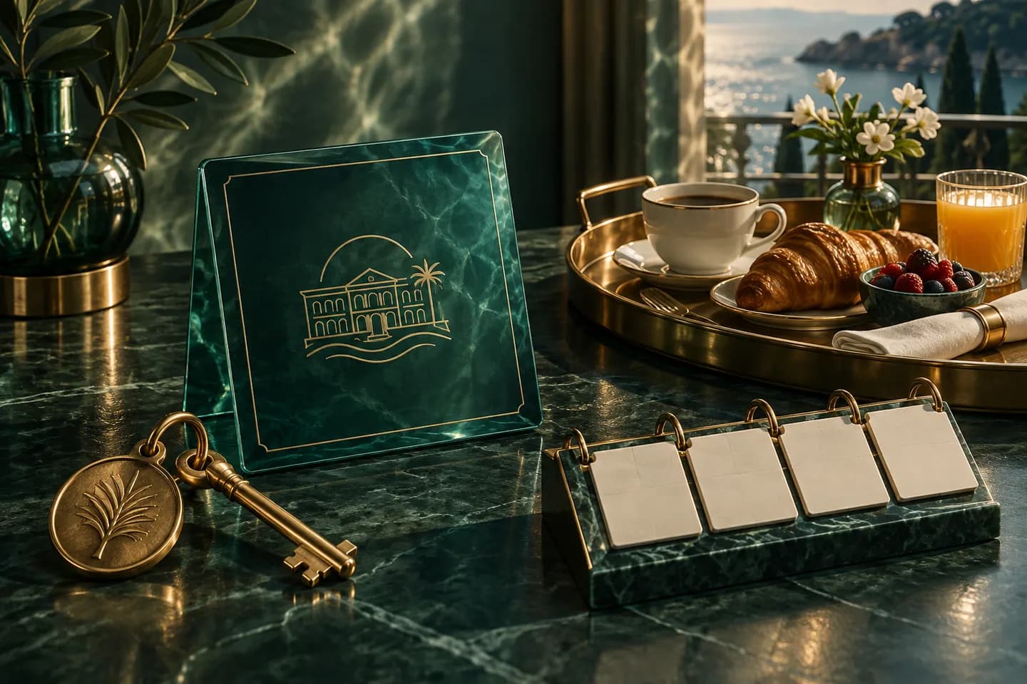 A brass key and glass offer card sit beside a breakfast tray and blank calendar tiles.