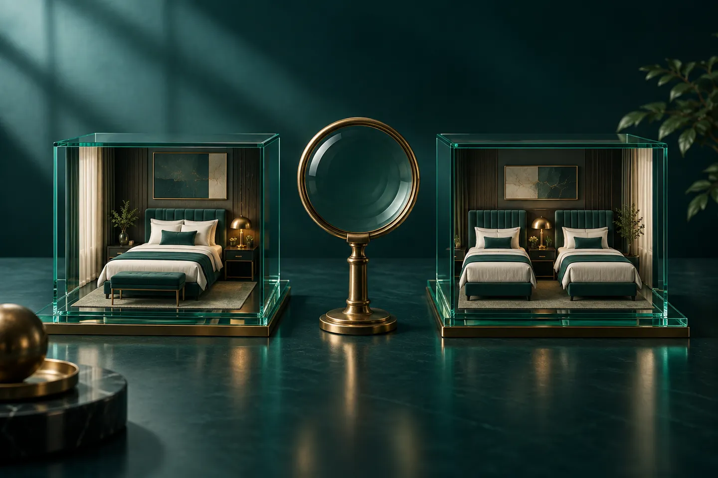 Two miniature hotel room models on glass platforms show different bed arrangements beside a brass lens.