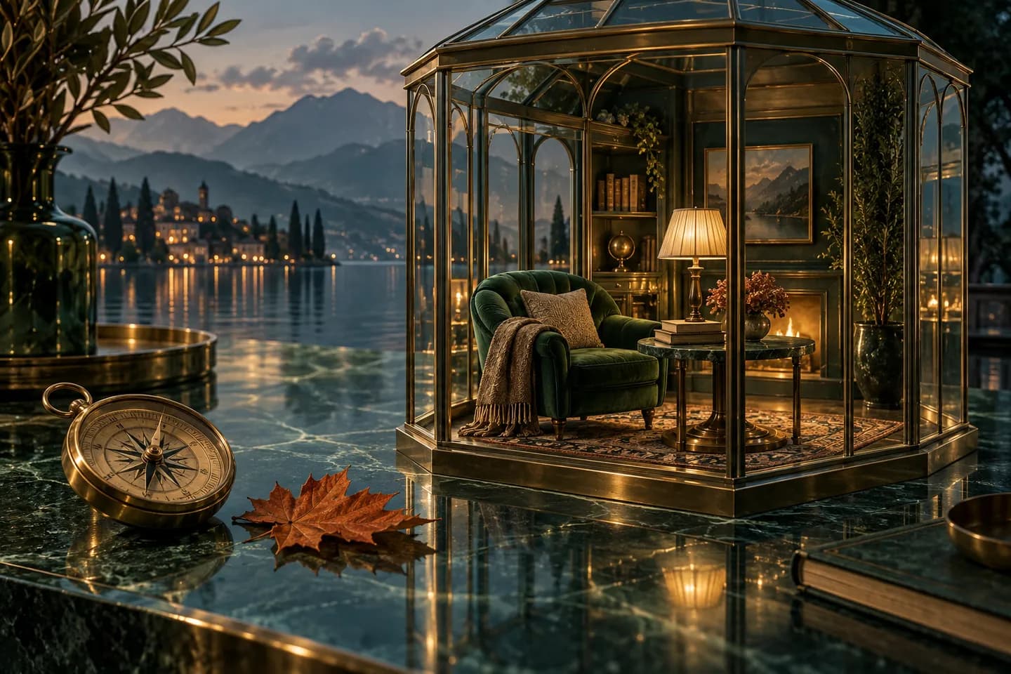 A miniature hotel lounge glows inside a glass pavilion beside a leaf and a compass.