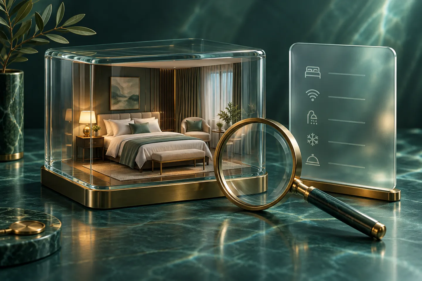 A miniature hotel room in a glass case stands beside a brass magnifier and an amenities panel.