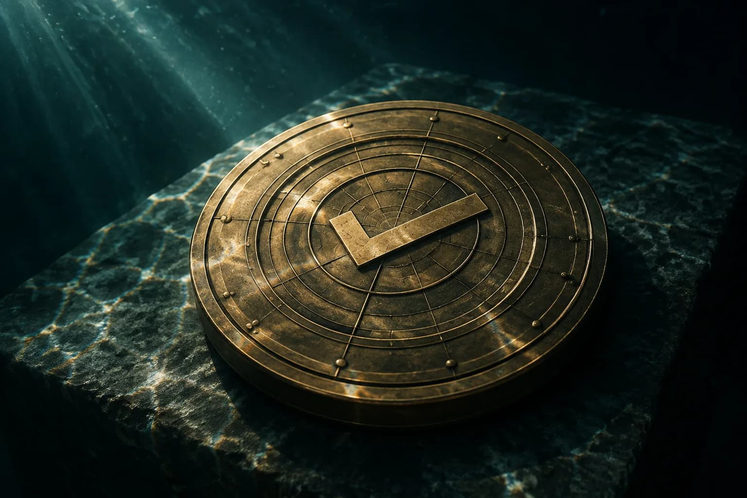 A brass medallion bearing a checkmark catches a shaft of light in deep teal water.