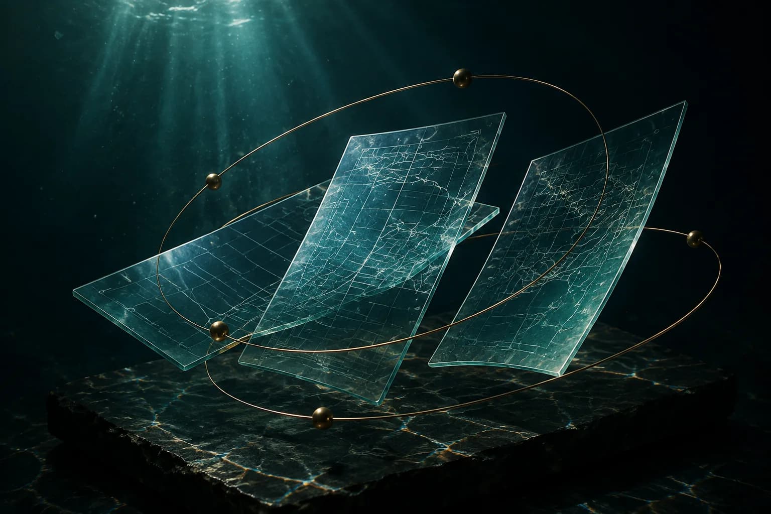 Three illuminated glass grid sheets float within a brass orbit in deep teal water.