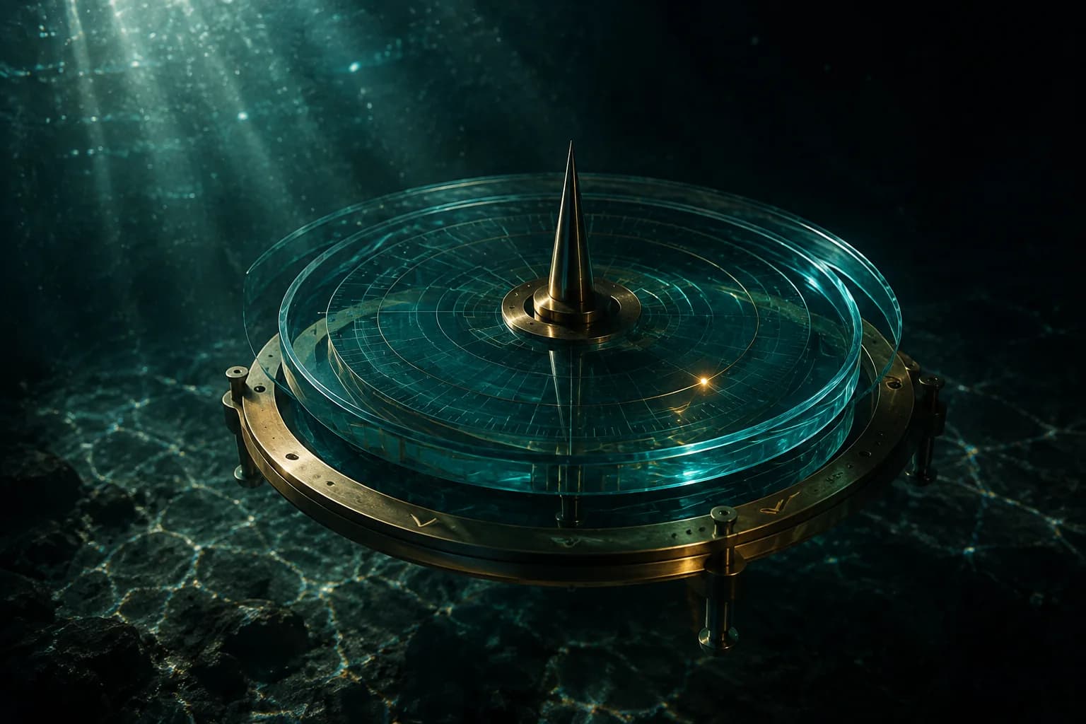 A circular teal glass measurement instrument glows beneath the ocean surface.