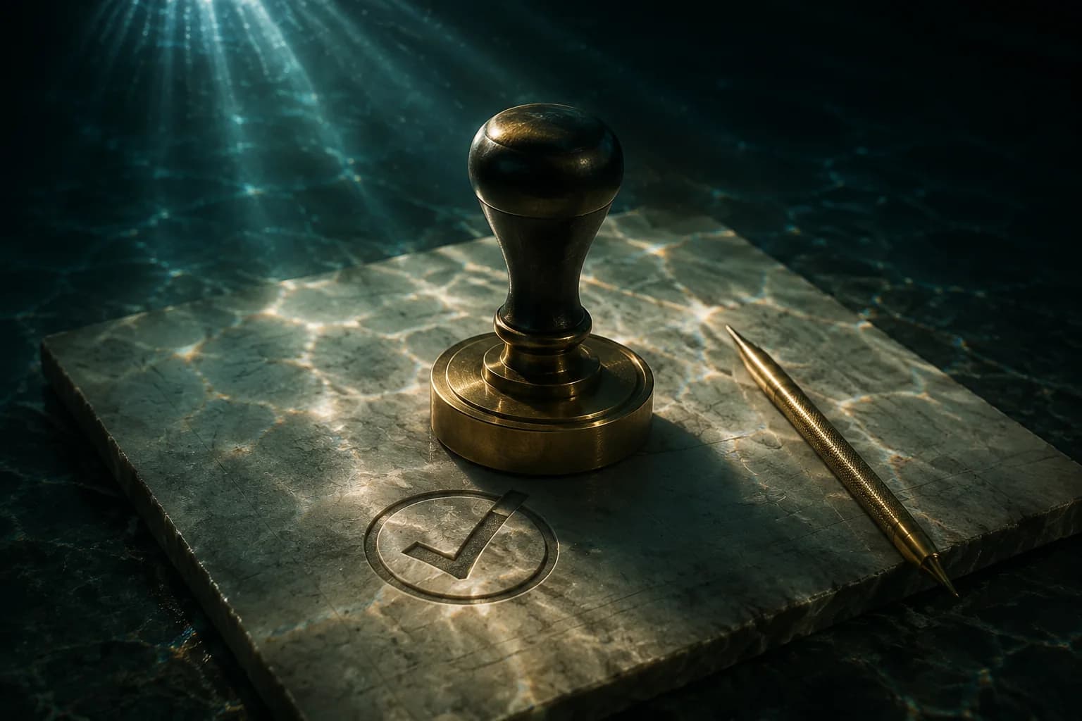 A brass approval stamp and pen sit beside an engraved checkmark on stone beneath the water.