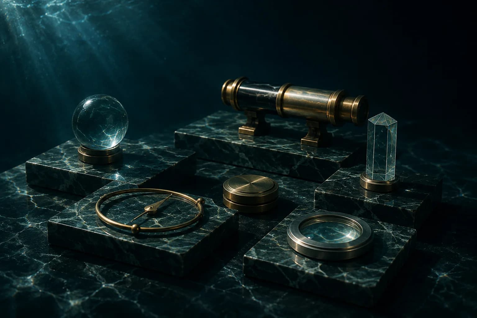 Six distinct scientific objects rest on stone plinths in a softly illuminated underwater scene.