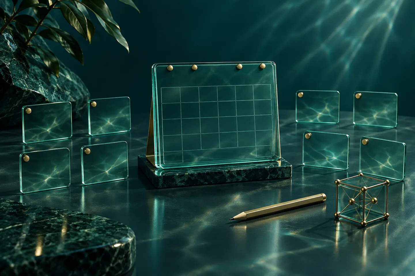 A glass calendar and message cards sit beside a brass pencil and a network cube.