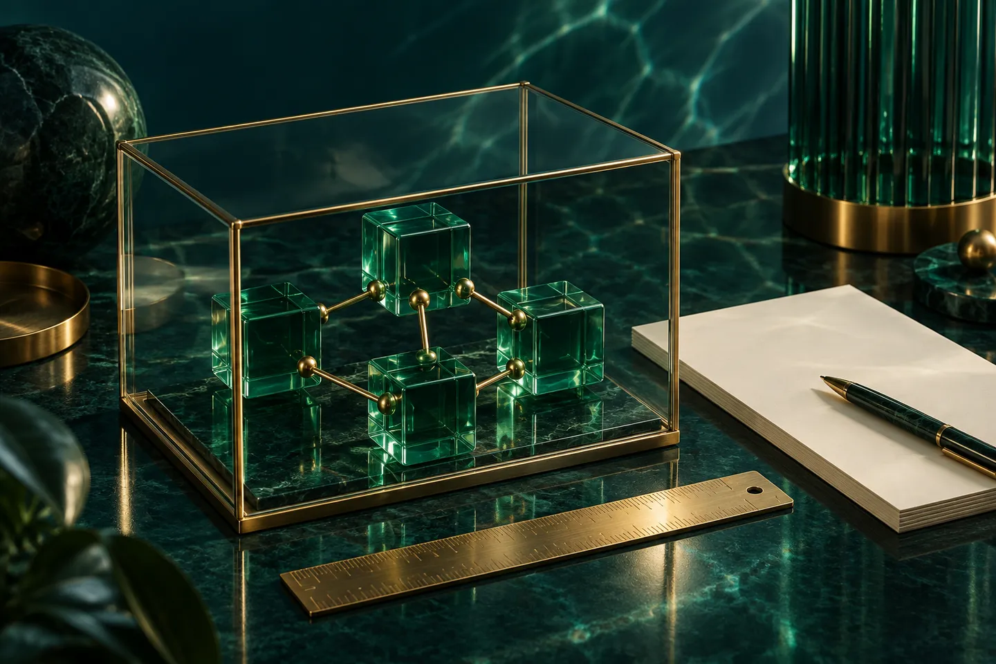 Connected glass network blocks sit inside a defined frame beside a ruler and blank pages.