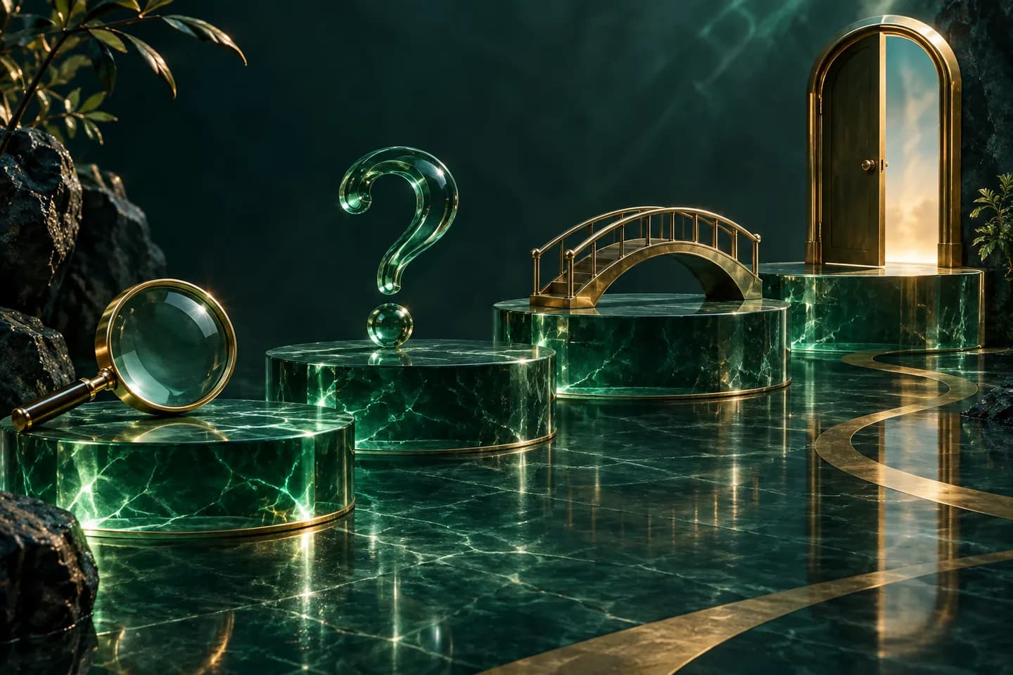 A lens, glass question mark, bridge, and open doorway sit on successive platforms.