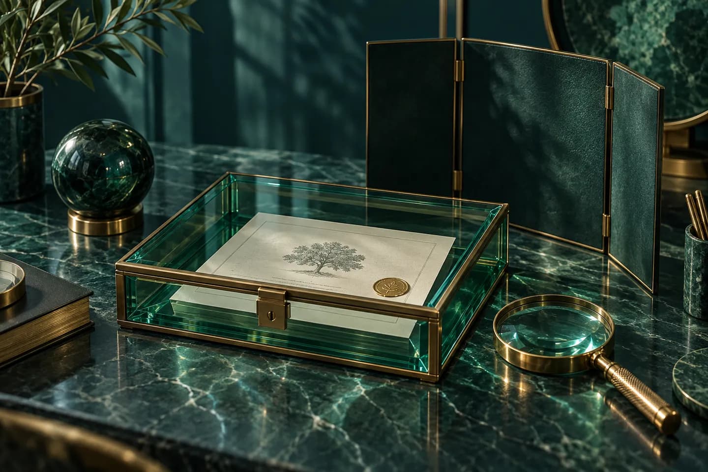 A glass archive box holds a document beside a magnifier and a folding privacy screen.