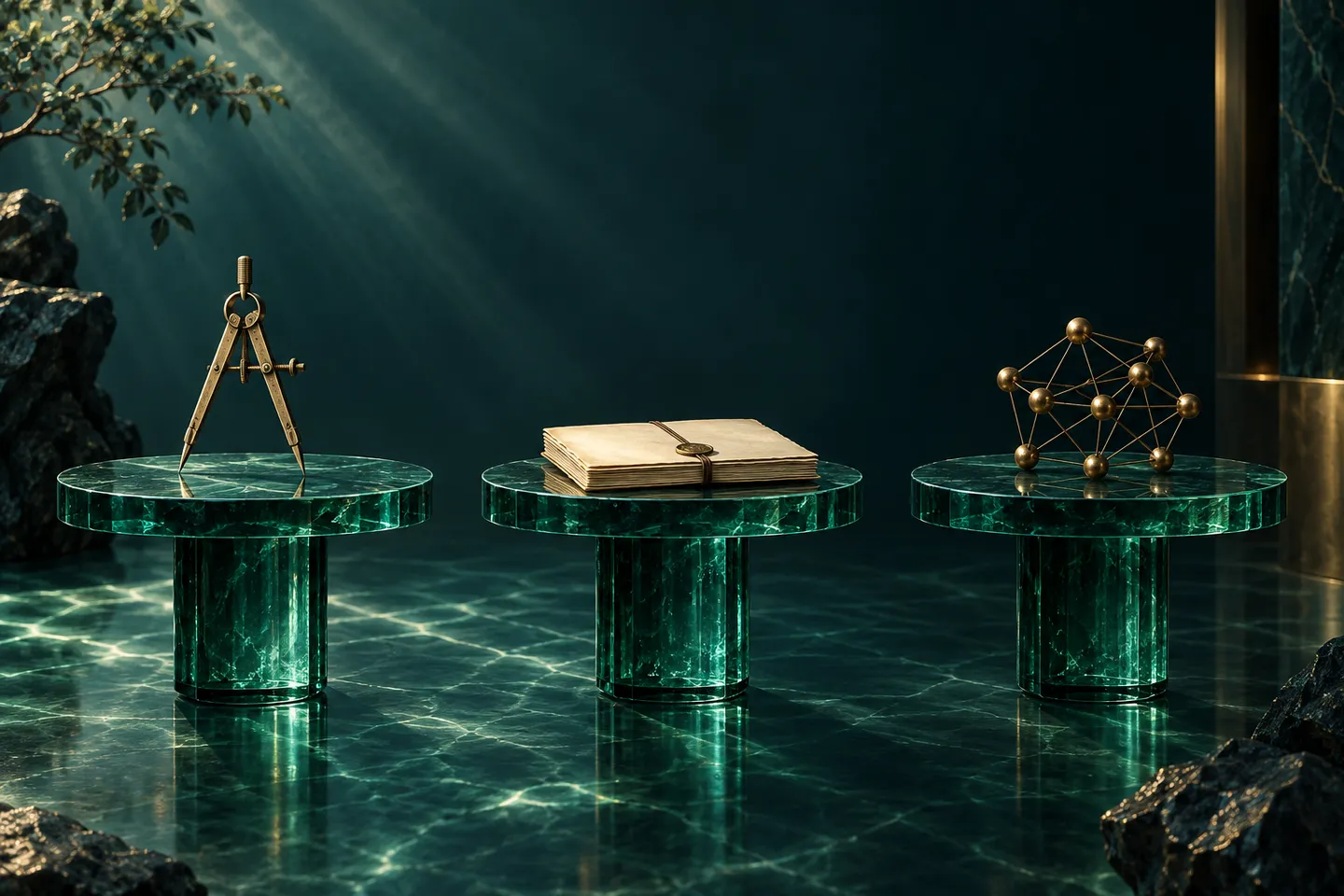 Three glass worktables hold a drafting compass, paper manuscript, and brass network sculpture.