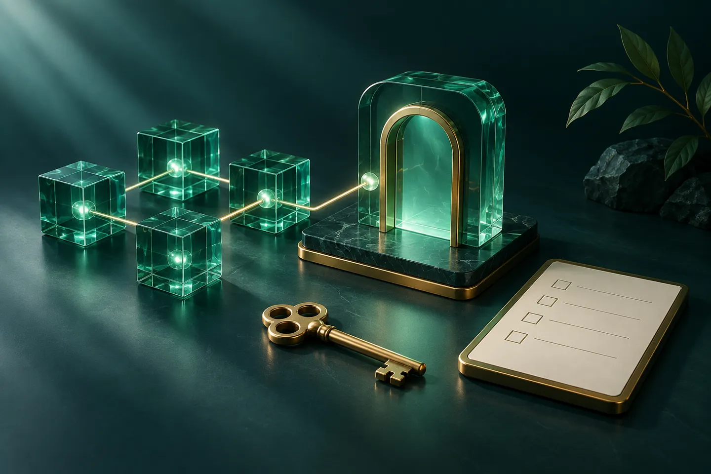Glass network blocks connect to a gateway beside a brass key and a blank checklist tablet.