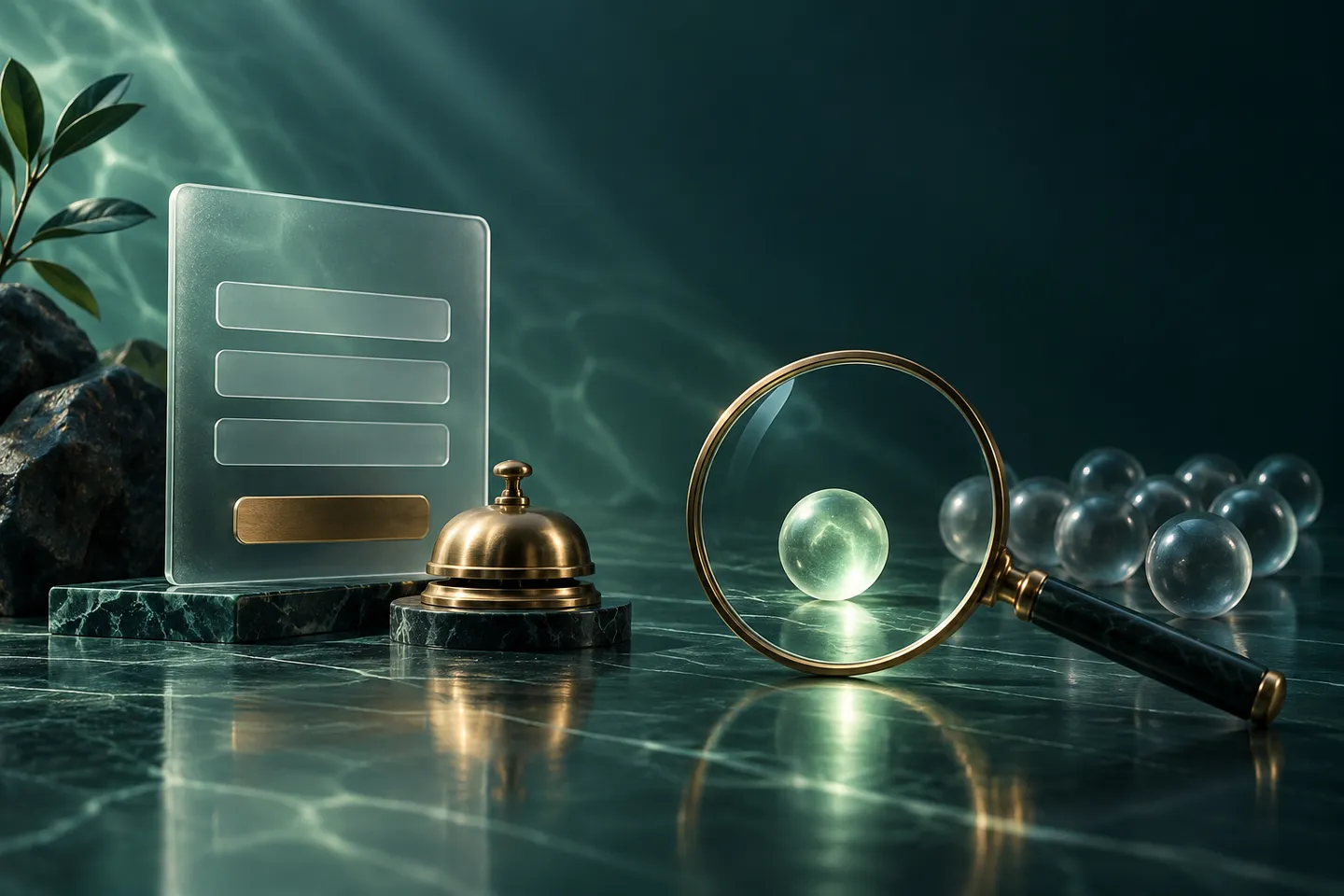 A brass lens highlights one glass bead beside an abstract contact form and a service bell.