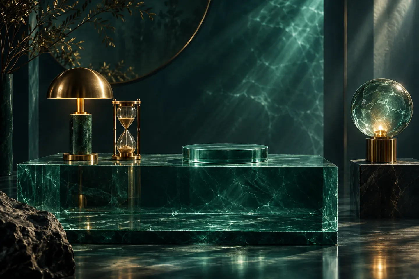 Two different lamps stand beside an empty glass display and a brass hourglass.