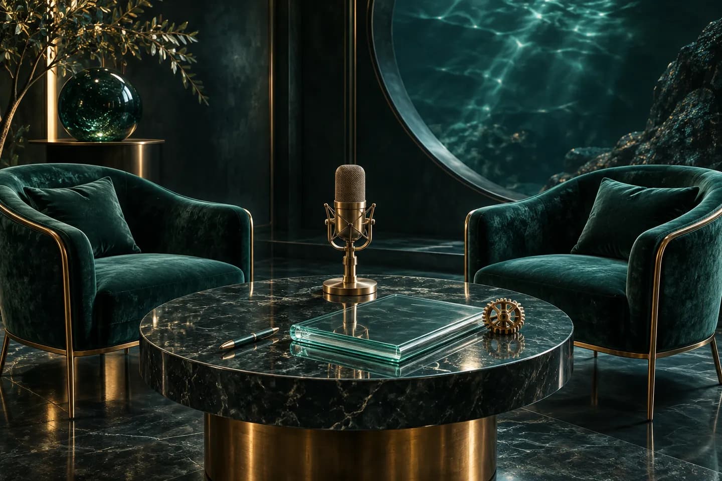 A brass microphone sits between two empty chairs beside glass pages and a small gear.