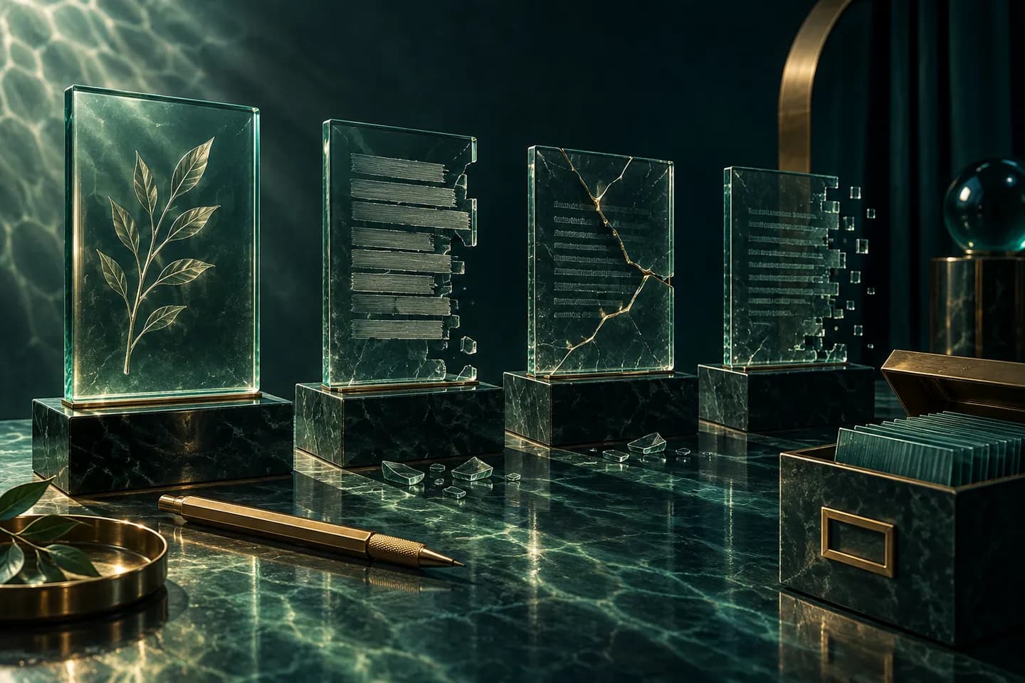 Four glass manuscript panels in different states stand beside a brass pencil and an archive box.