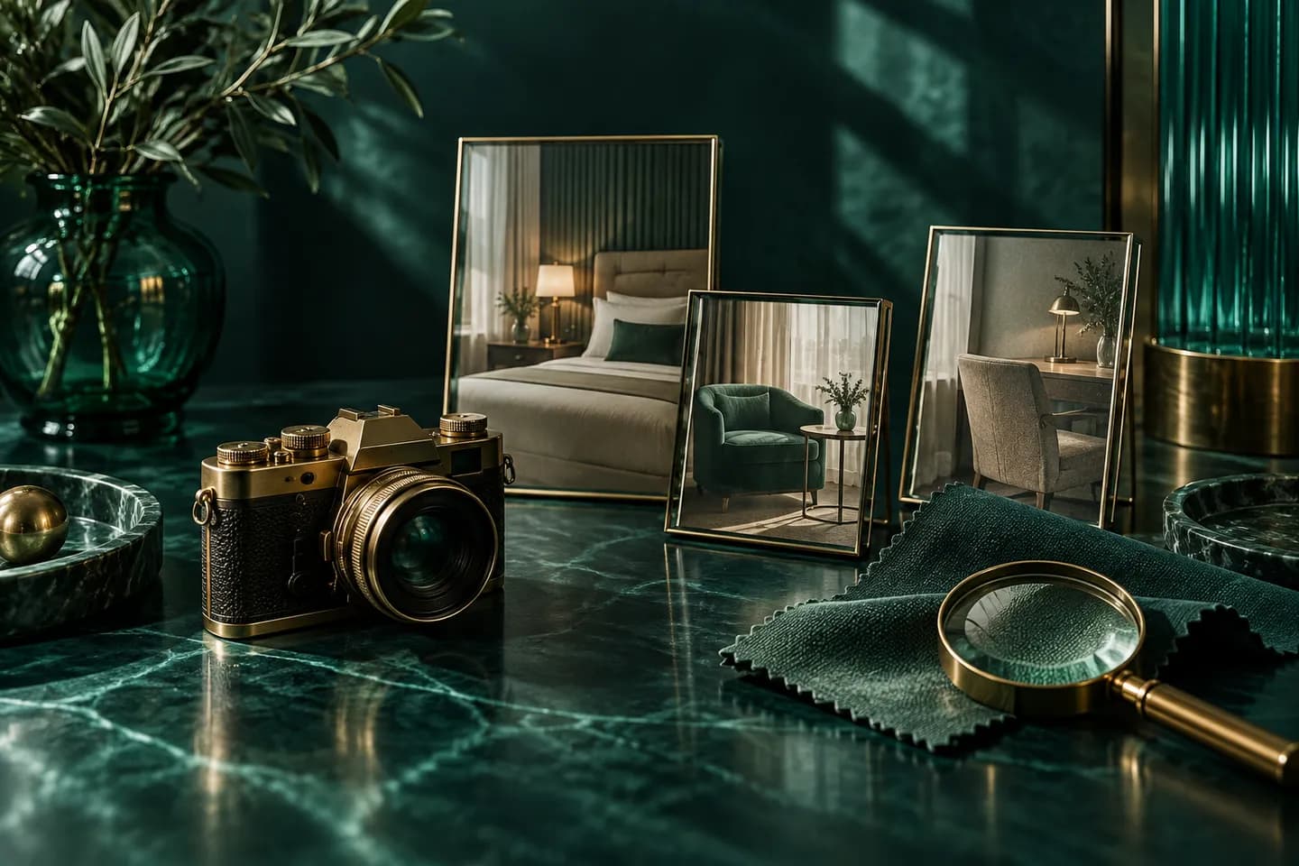 A camera and glass image frames showing room furniture sit beside a fabric swatch and lens.