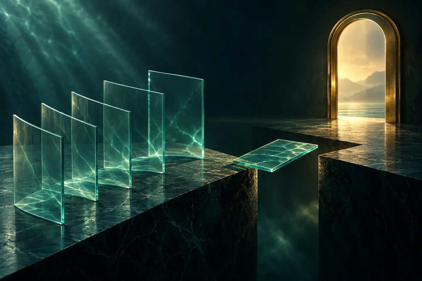Glass pages approach a lit doorway, with a bridge piece beside a gap in the route.