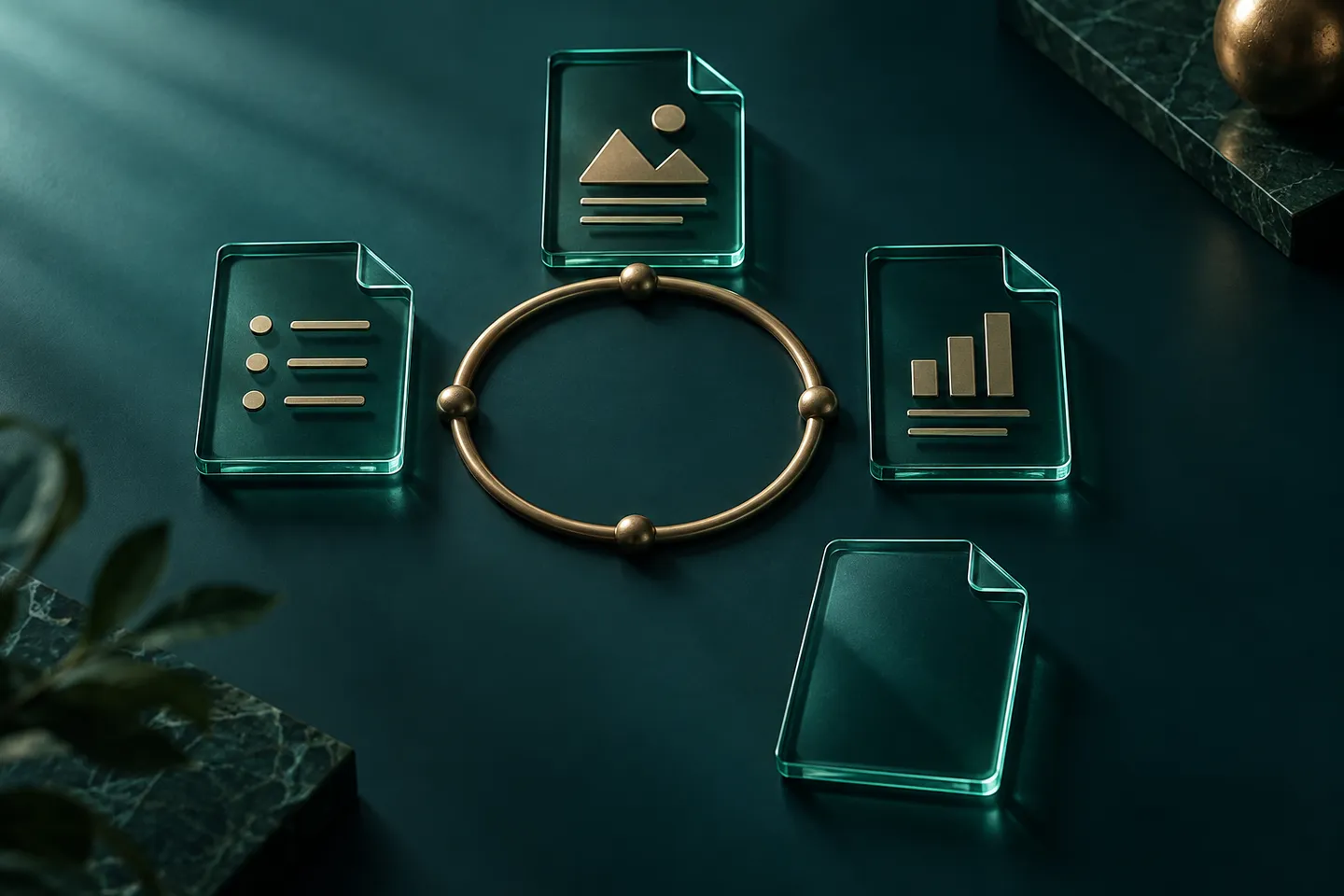 Three illustrated glass document tiles and a fourth blank tile surround a brass ring.