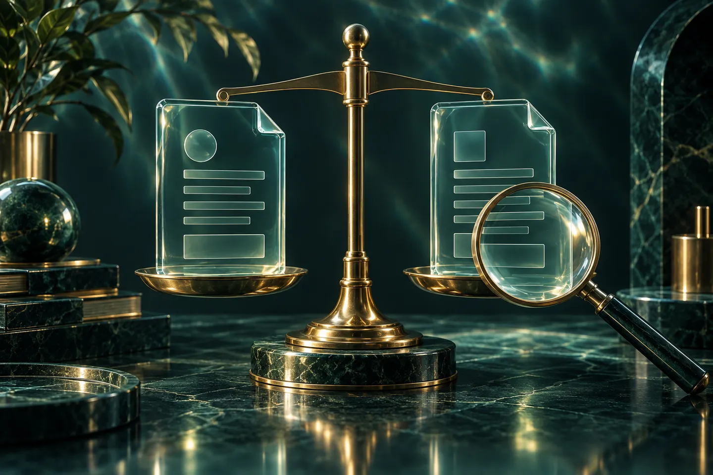 Two glass documents balance on a brass scale beside a magnifying lens.