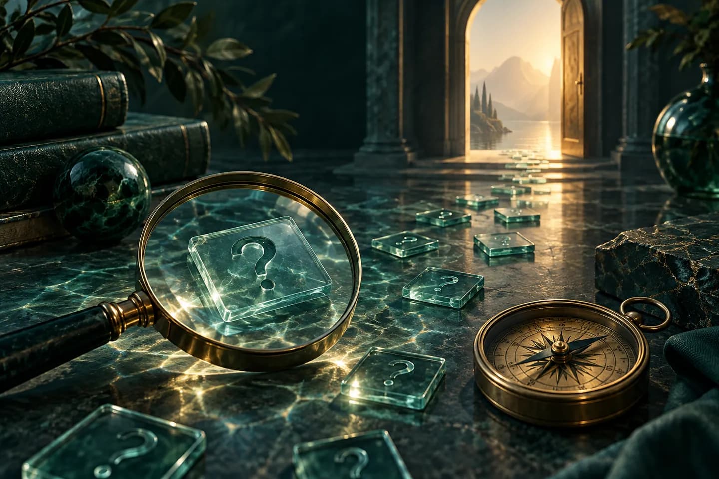 A magnifier examines glass question tiles leading toward a lit doorway, with a compass nearby.
